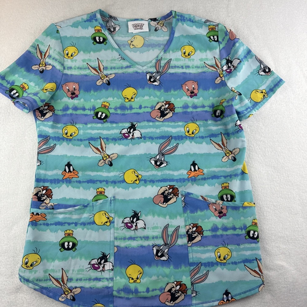 Looney Tunes‎ Short Sleeve All Over Characters Scrub Top Women's Size Small